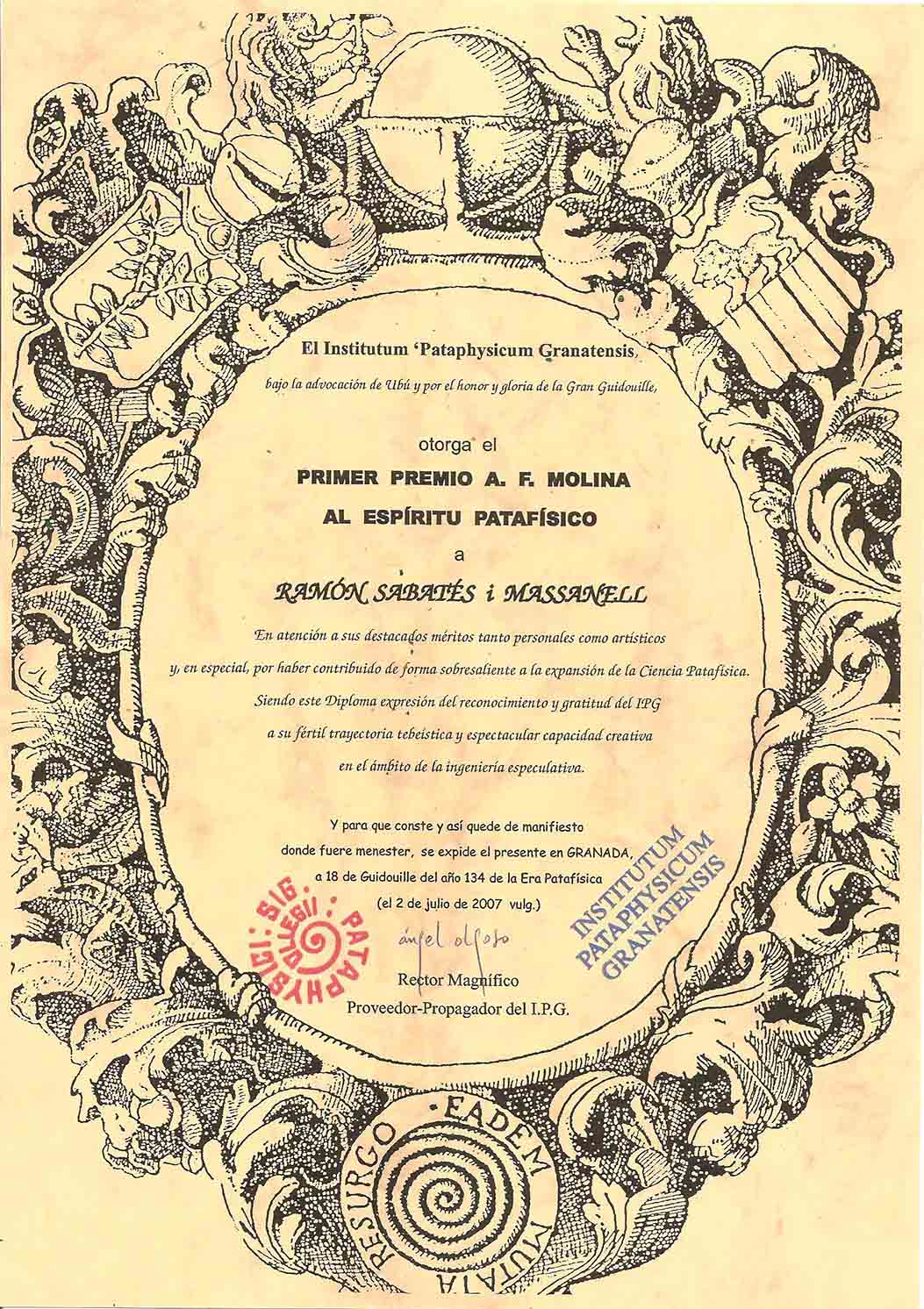 Diploma del premiado Ramón Sabatés